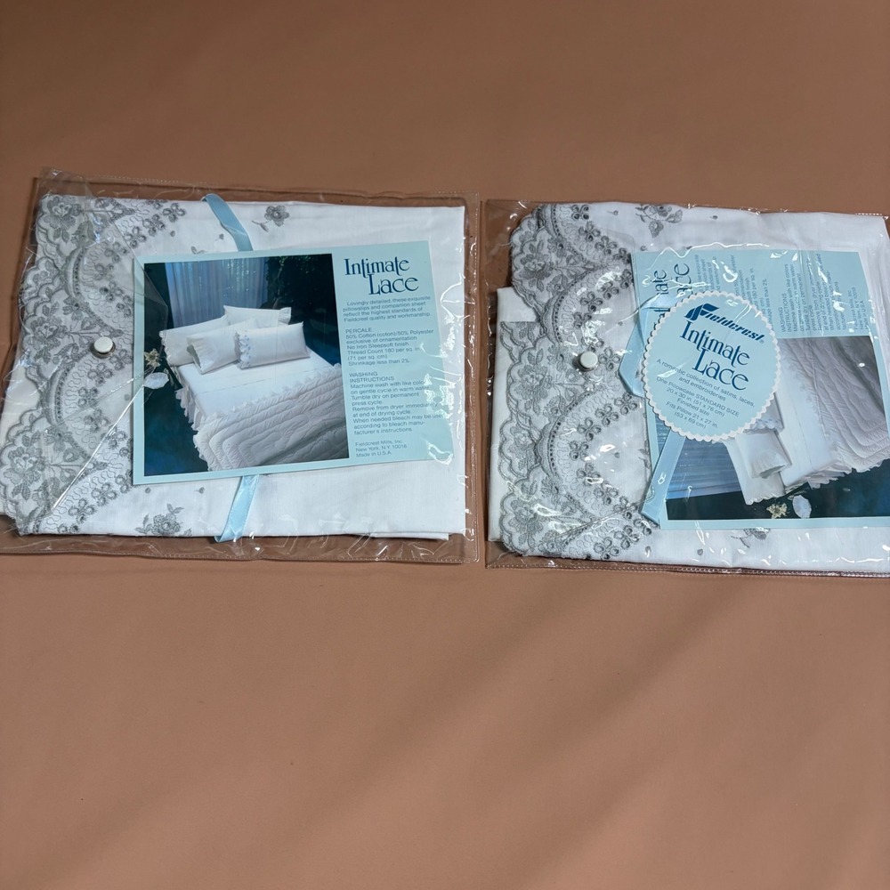 Fieldcrest Intimate Lace Pillowcase Pair White Grey Floral Embroidered Standard